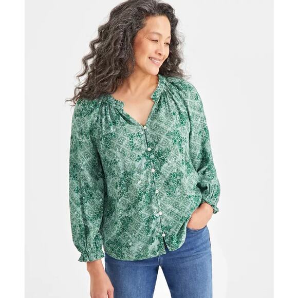 Style & Co Women's Green Boho Peasant Shine Woven Top Smocked Medium - Picture 1 of 6